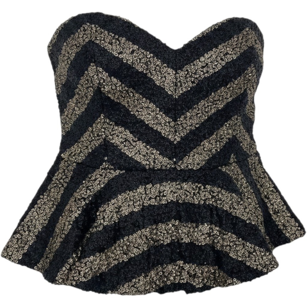 Marineblu Women Black Gold Sequin Chevron Strapless Peplum Top‎ 78234 Large